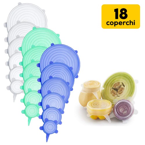 18 pz Coperchi Allungabili Stretch and Fresh Per Mantenere Intatto Il Sapore Del Cibo