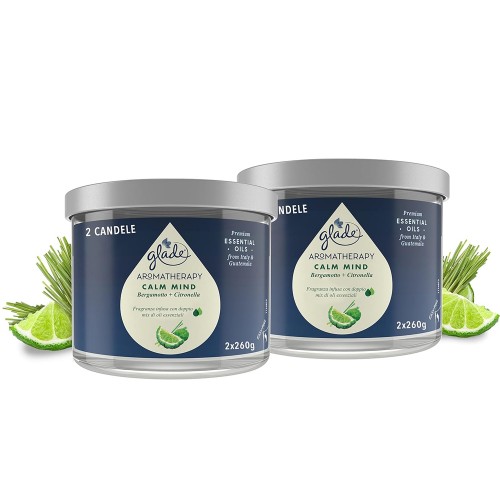 2x Glade Aromatherapy Candele Profumate, Fragranza Calm Mind Bergamotto e Citronella, Confezione da 2 Candele da 260 gr